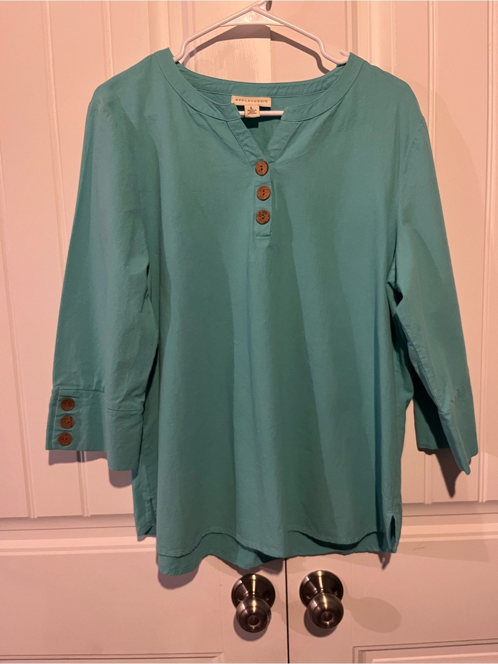 Appleseed's Teal Three-Button Henley Tunic Top